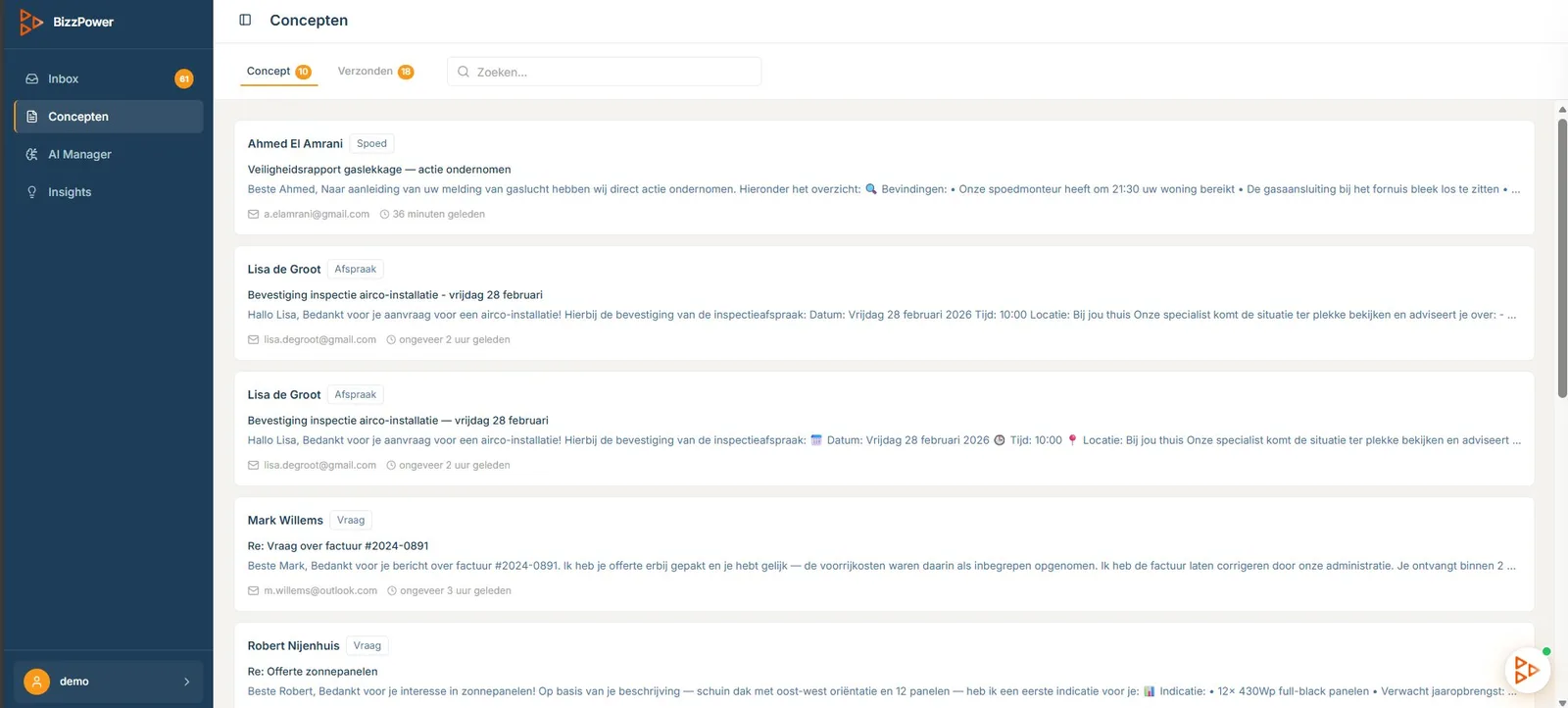 BizzPower concepten e-mail drafts